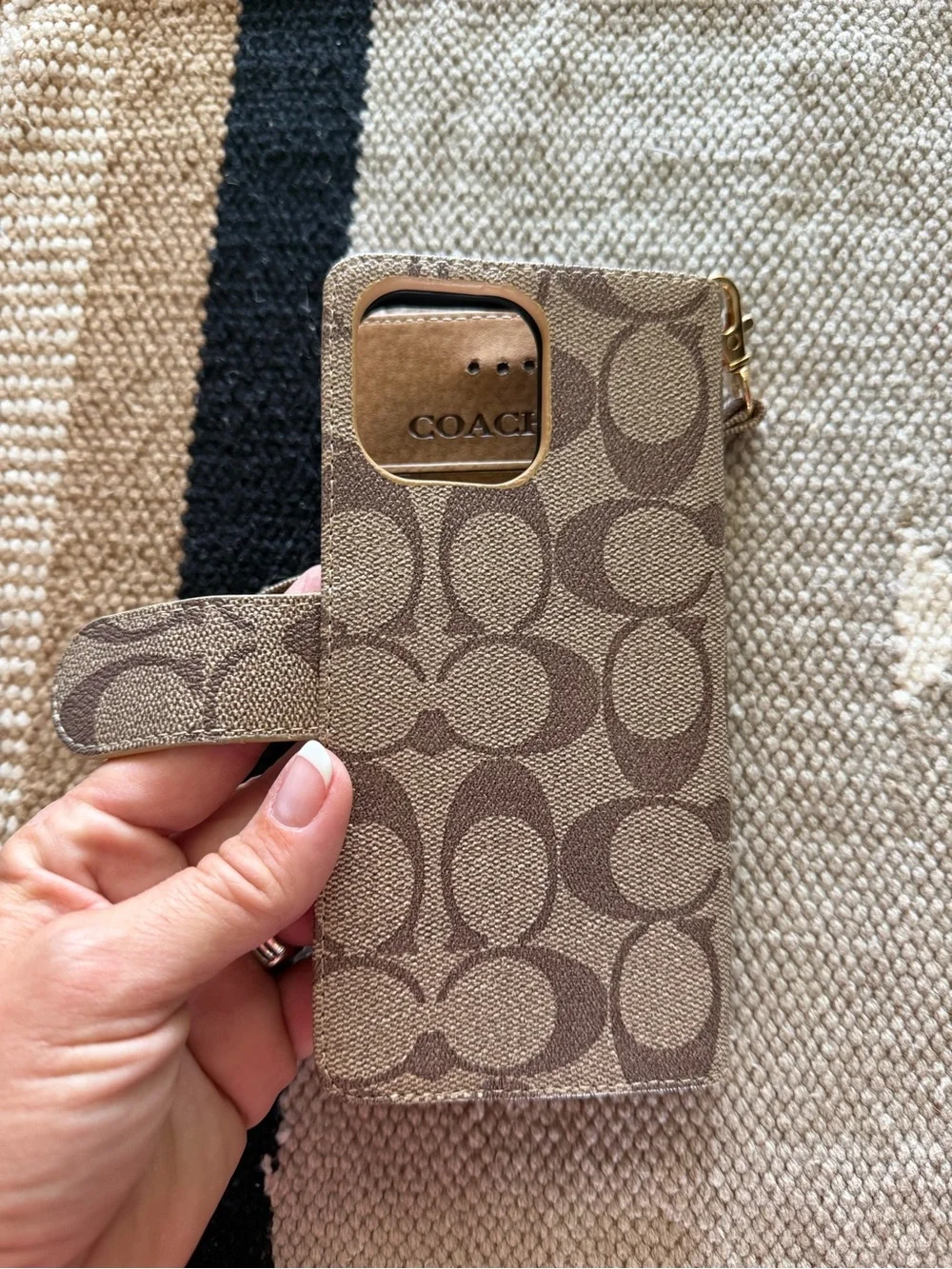 Coach Brown Signature Canvas Wristlet Phone Case with Gold Plaque